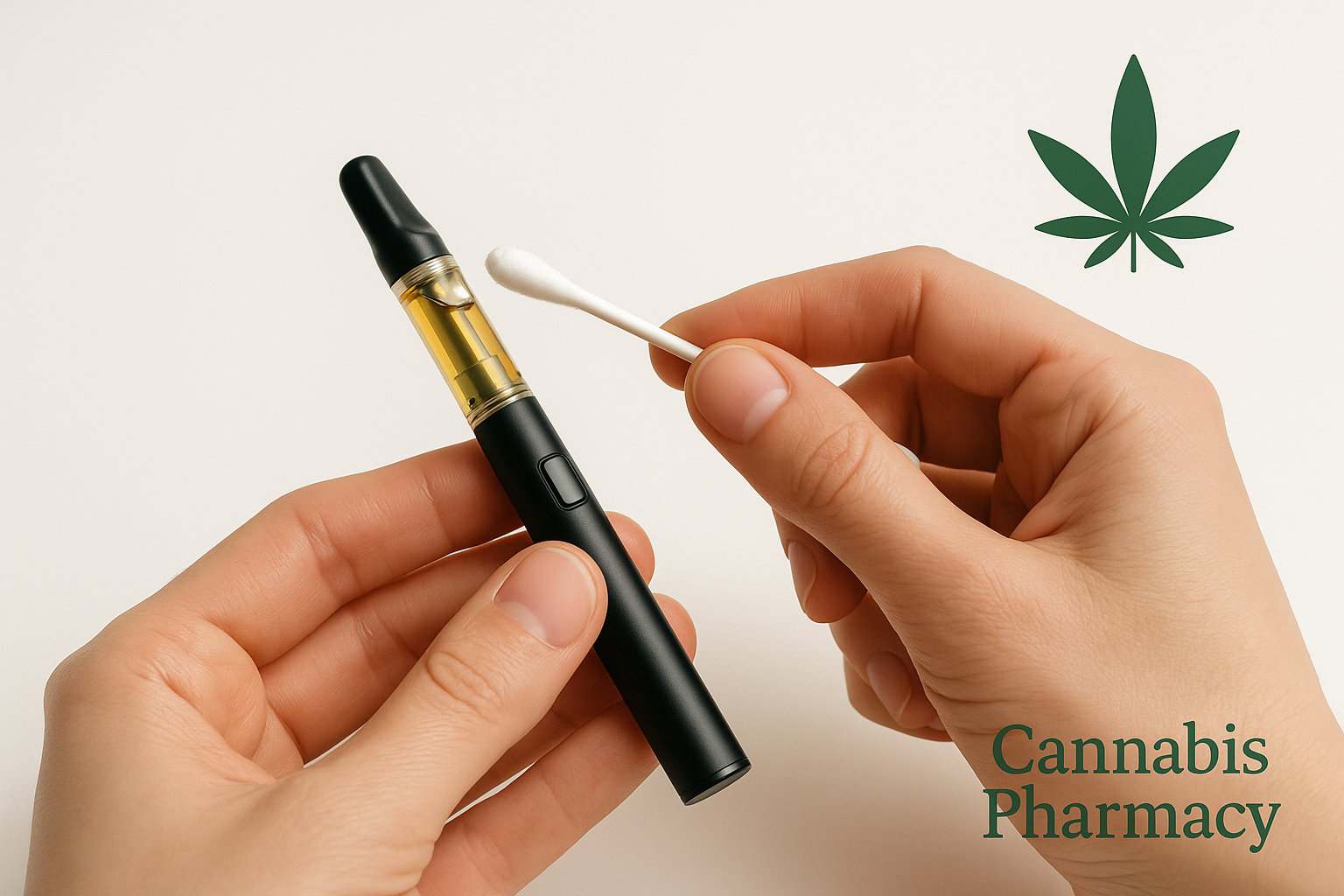 Close-up of hands holding a black vape pen with a golden oil cartridge in one hand and a cotton swab in the other, demonstrating cleaning. A green cannabis leaf icon appears in the upper right corner, with the text “Cannabis Pharmacy” below it.