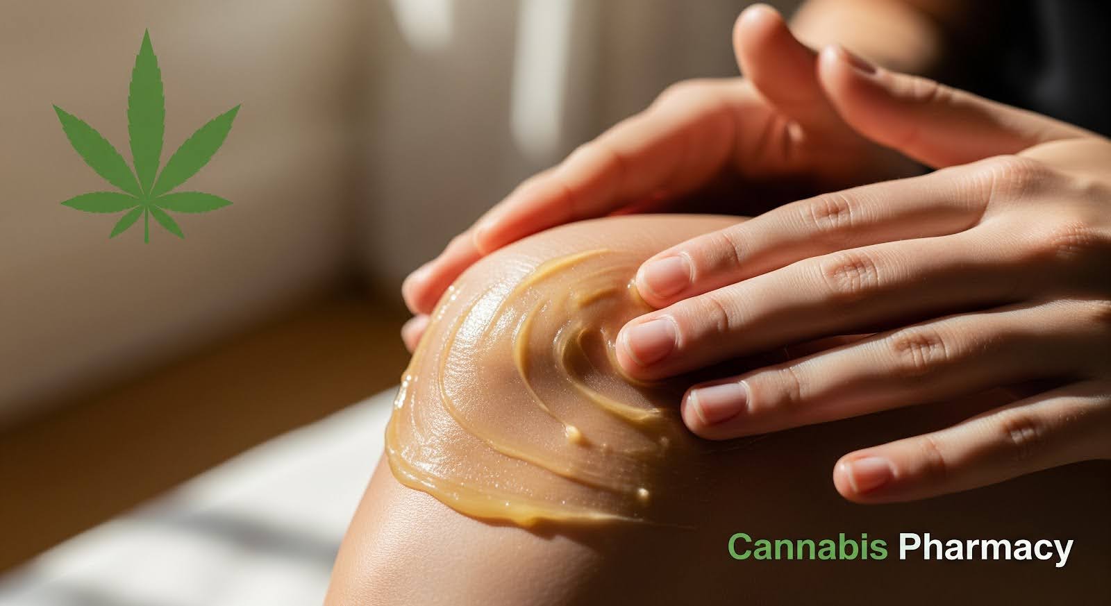 Close-up of hands applying a golden-brown CBD cream or balm to a knee, suggesting pain relief or muscle recovery. A green cannabis leaf icon appears on the left side of the image, with the text “Cannabis Pharmacy” in green at the bottom right. Warm lighting highlights the soothing application process.