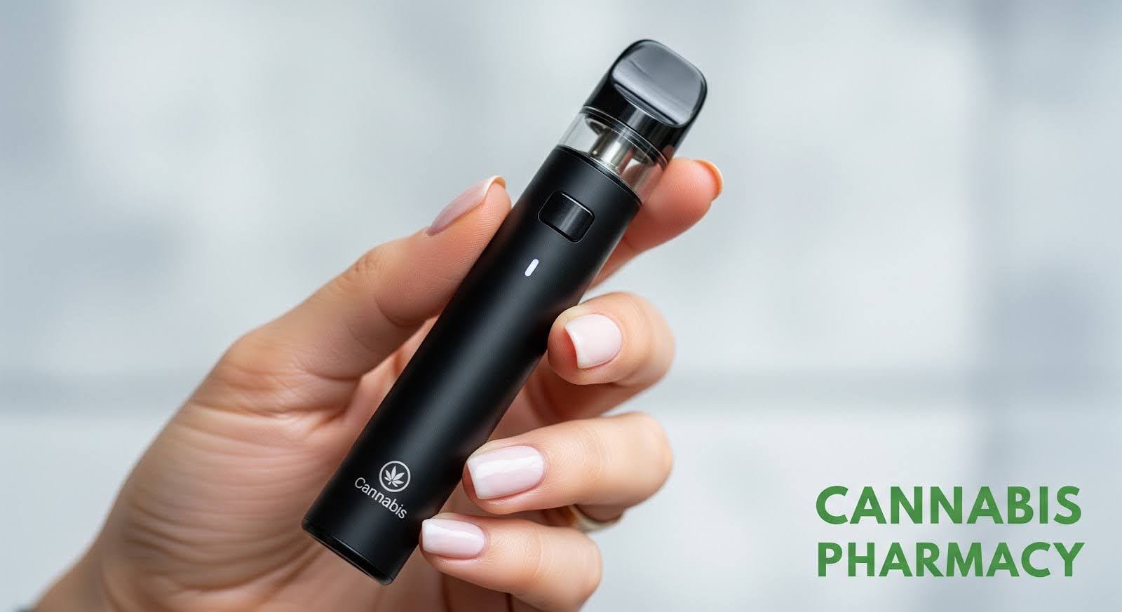 A close-up of a hand holding a sleek black vape pen with a small illuminated indicator light and a transparent cartridge at the top. The pen features a minimalist cannabis leaf logo and the word “Cannabis” near the base. The text “Cannabis Pharmacy” appears in green at the bottom right, emphasizing safe and effective vape pen use.