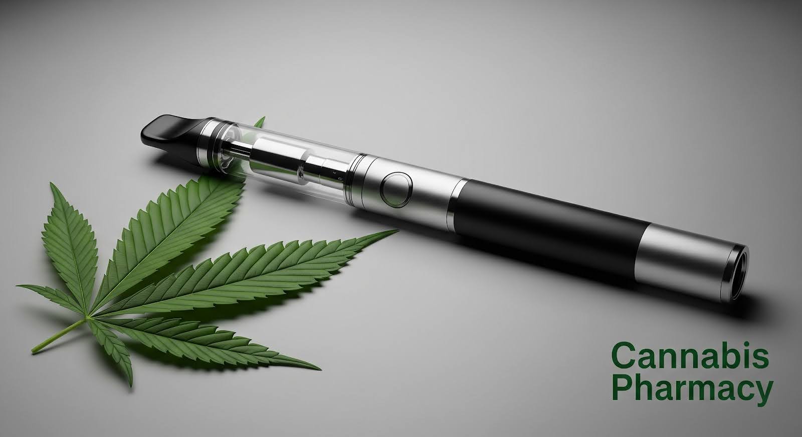 A sleek black and silver vape pen placed on a gray surface next to a fresh green cannabis leaf. The text “Cannabis Pharmacy” appears in dark green at the bottom right, symbolizing an educational focus on the ingredients and composition of vape pen cartridges.