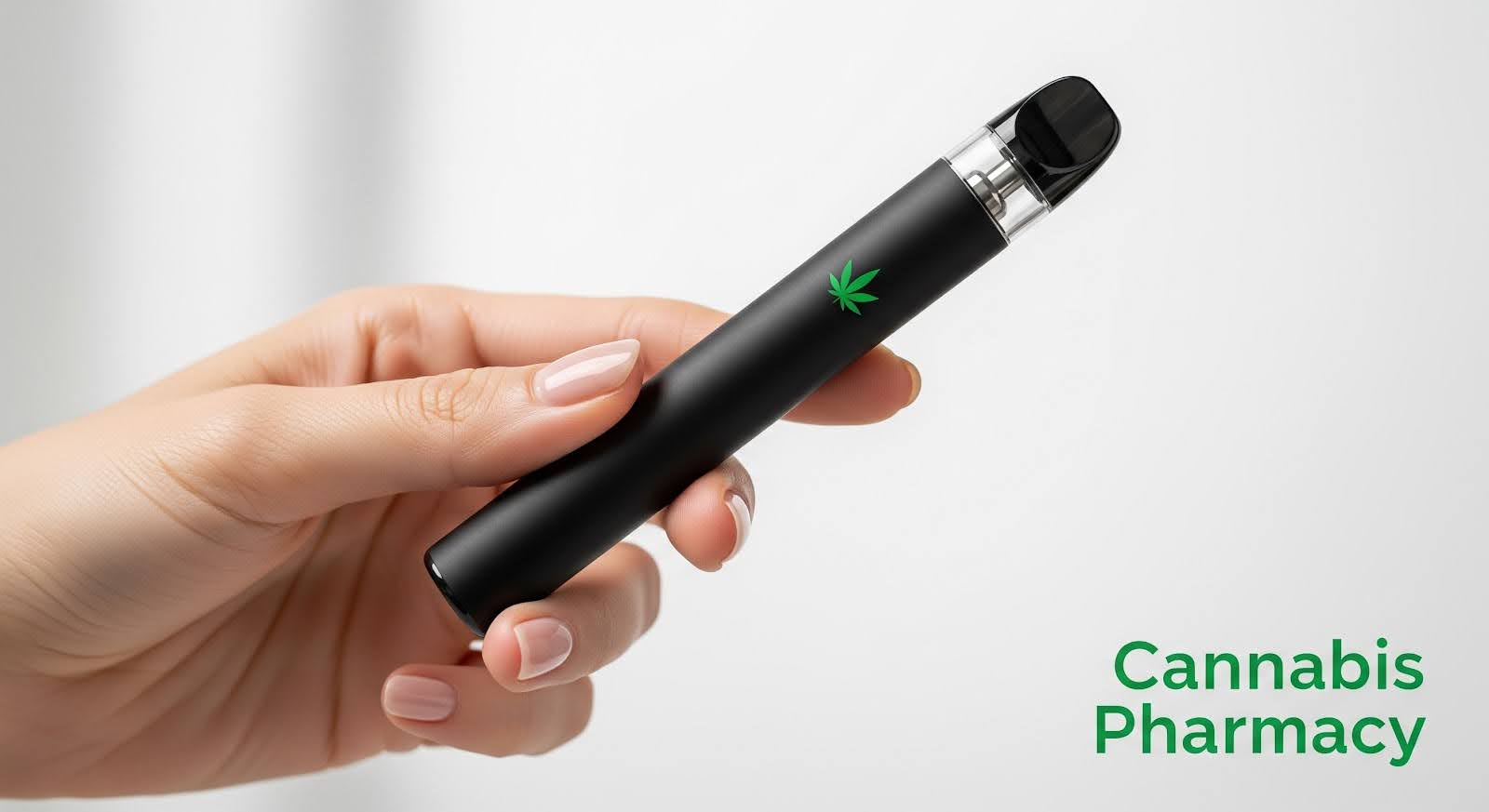 A hand holding a sleek black vape pen with a small green cannabis leaf symbol on its body. The background is softly lit and minimalistic, with the text “Cannabis Pharmacy” in green at the bottom right, representing guidance on choosing and using cannabis vape pens safely.