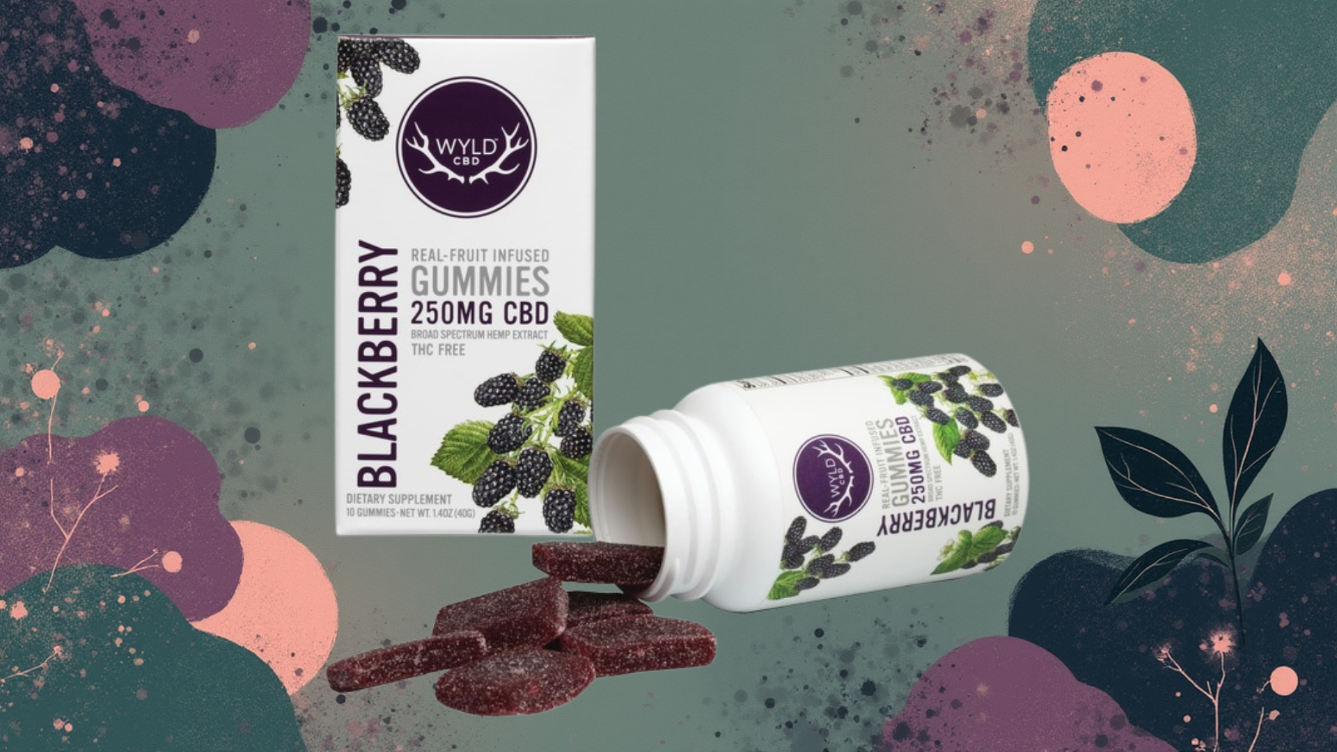 Image of Wyld CBD Blackberry Gummies packaging and container. The white box displays the Wyld CBD logo with antlers and the text “Real-Fruit Infused Gummies, 250mg CBD, Broad Spectrum Hemp Extract, THC Free.” Next to it, an open bottle spills out several dark purple, sugar-coated gummies shaped like rectangles. The background features an abstract design with green, purple, and pink shapes resembling berries and leaves.