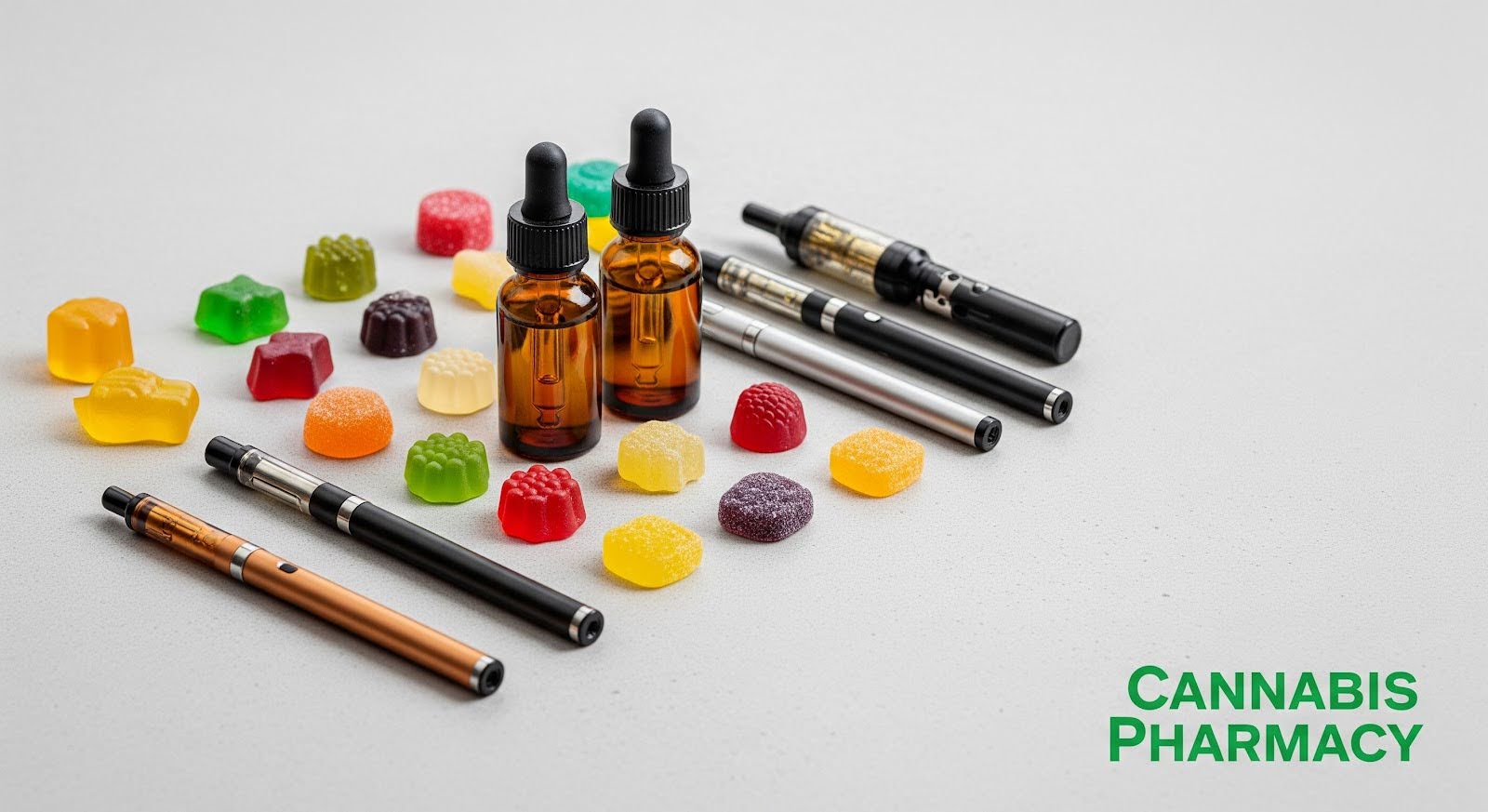 A display of assorted CBD products arranged on a light surface, including colorful gummy candies, amber glass dropper bottles, and several vape pens in different colors and styles. The text “Cannabis Pharmacy” appears in green at the bottom right, representing a guide to quality CBDfx products.