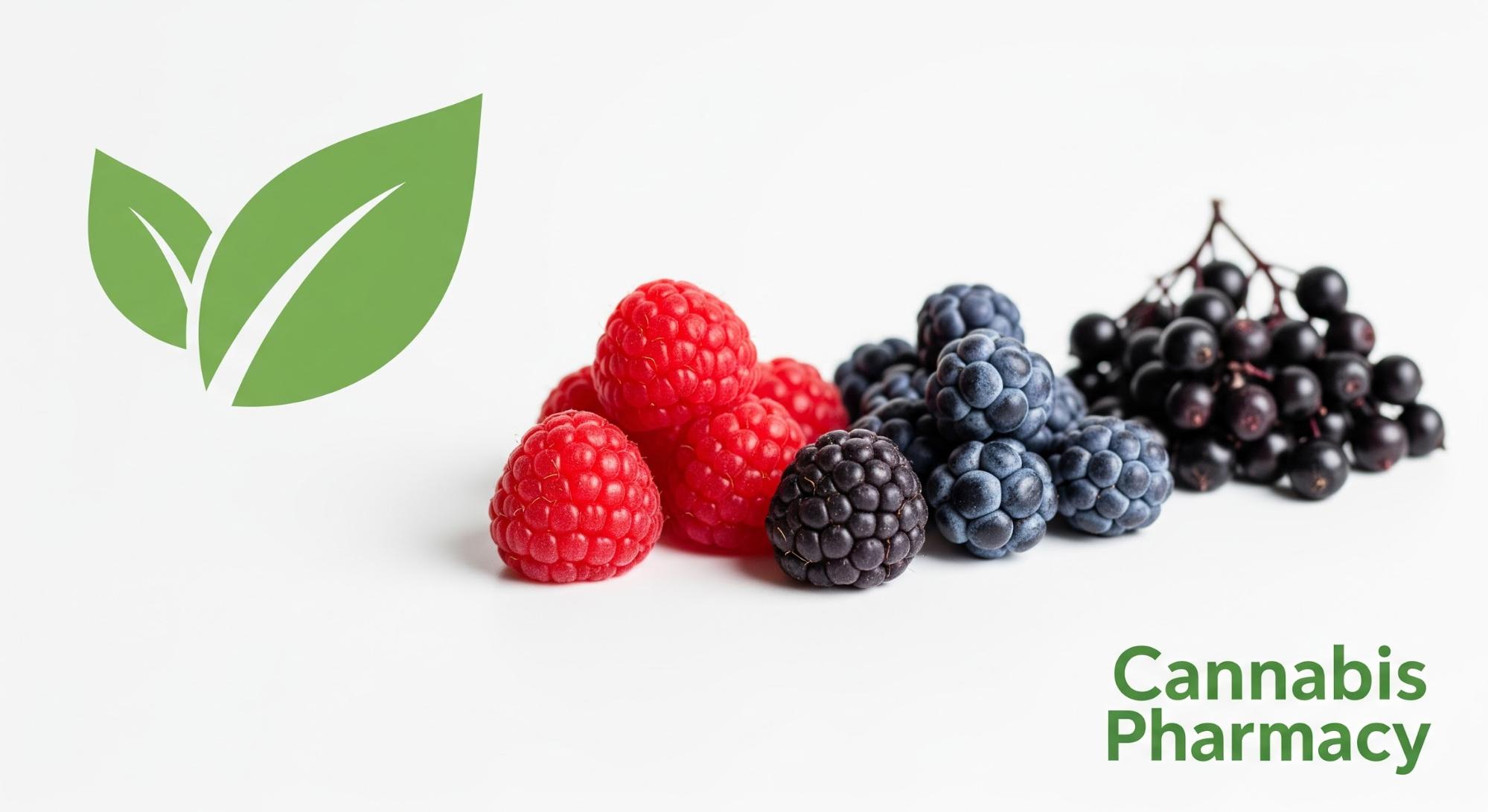 Image featuring piles of fresh berries—red raspberries, dark blackberries, and small black elderberries—arranged on a white background. On the left side, there is a green leaf logo, and in the lower right corner, the text “Cannabis Pharmacy” appears in green font. The overall design has a clean, natural, and health-focused aesthetic.