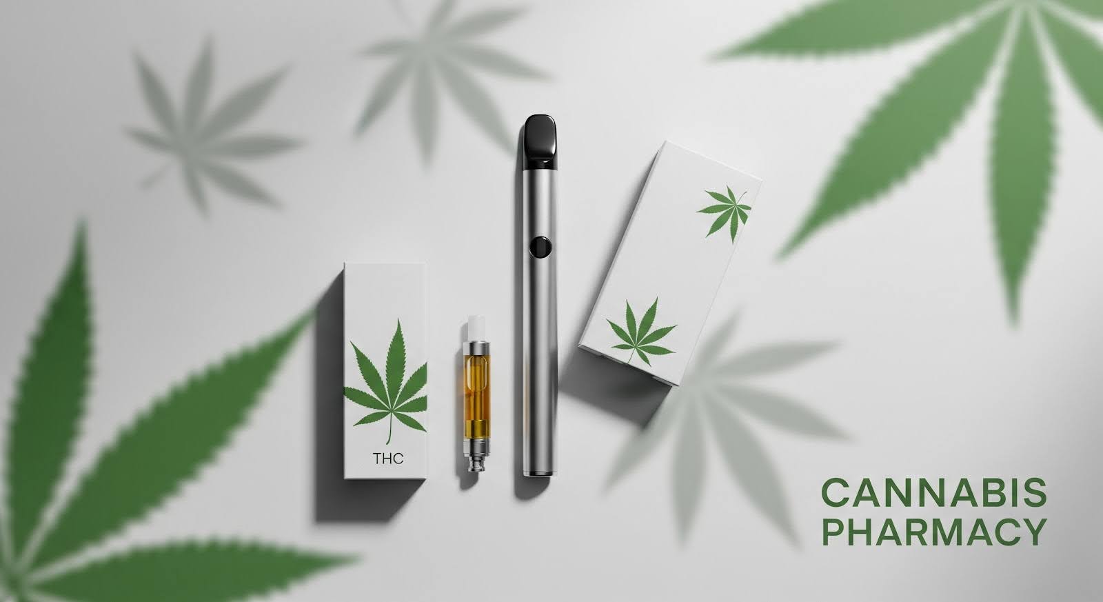 A sleek silver vape pen and a THC oil cartridge are displayed beside two white boxes decorated with green cannabis leaf graphics. The background features soft green cannabis leaf shadows, and the words "CANNABIS PHARMACY" appear on the right side in green text.