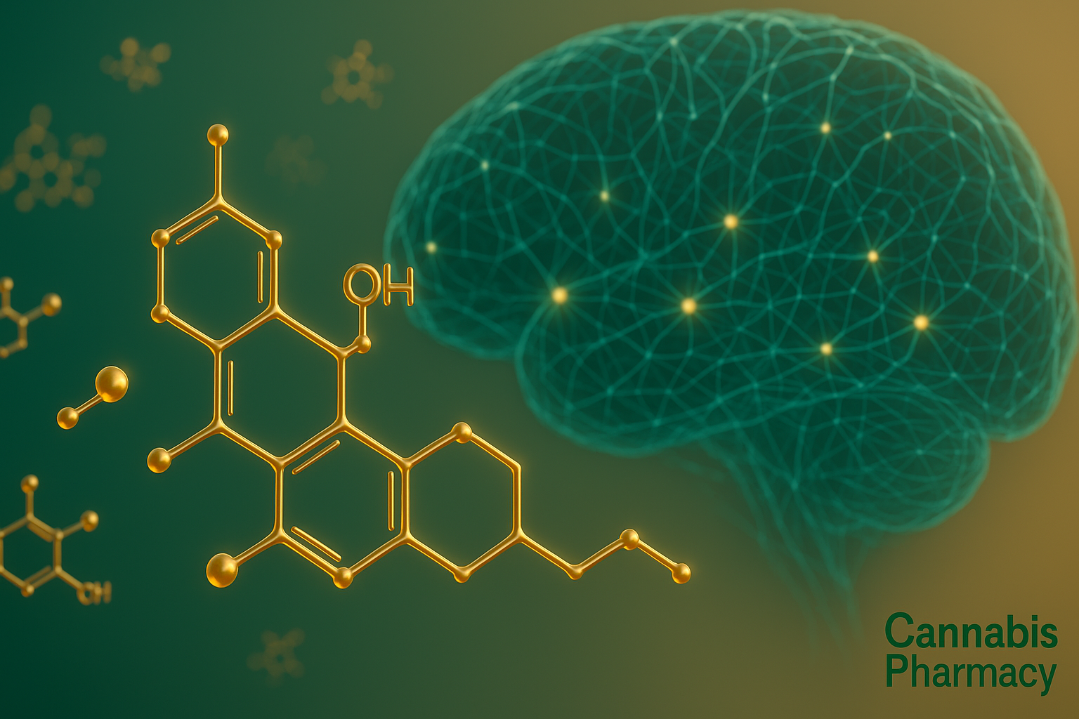 Digital illustration showing a golden THC (tetrahydrocannabinol) molecular structure beside a glowing, network-like outline of a human brain. The background blends green and gold hues, and the words "Cannabis Pharmacy" appear in the bottom right corner, symbolizing the connection between cannabis compounds and brain activity.