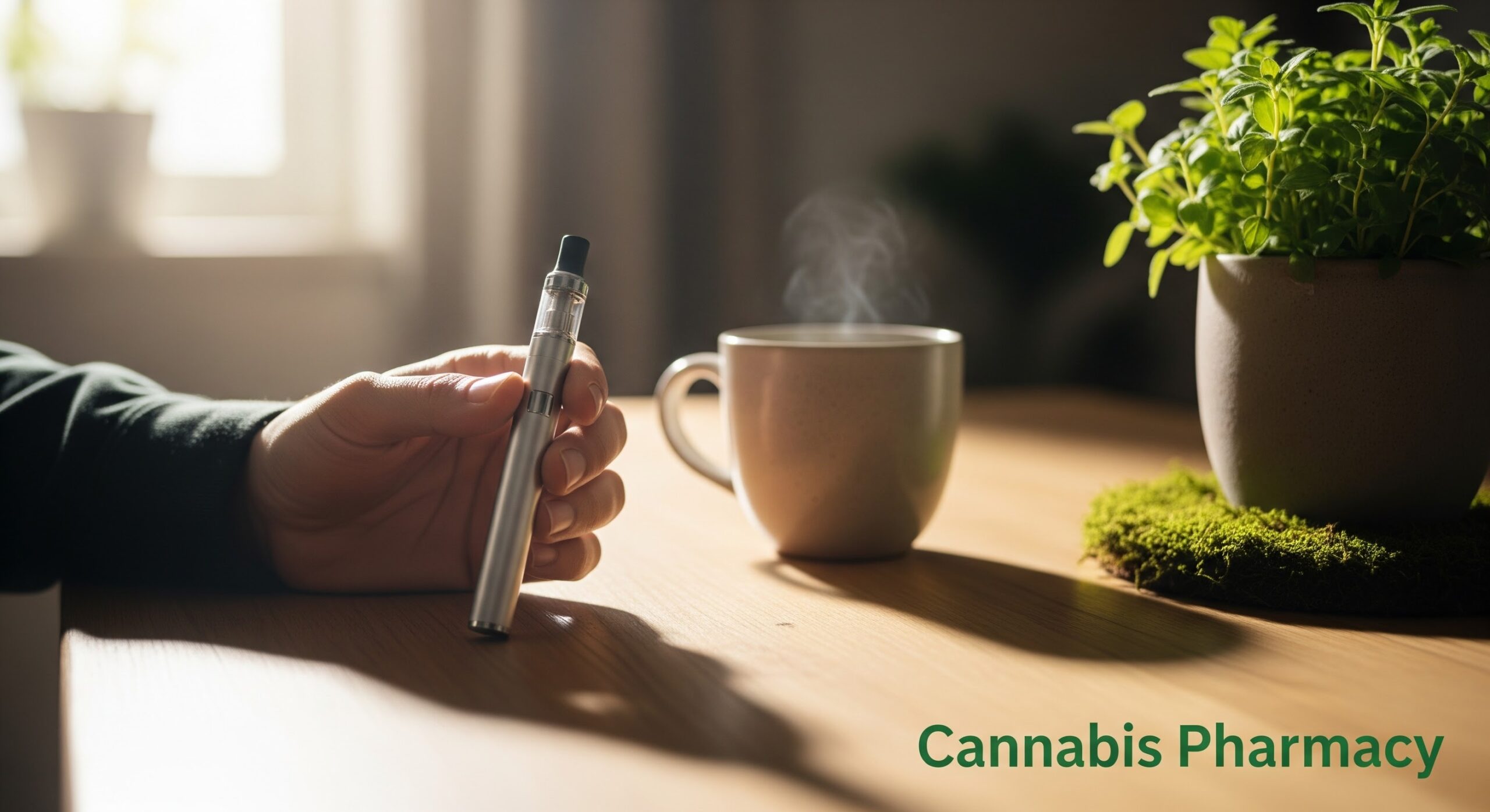 A person’s hand holds a silver vape pen next to a steaming cup of coffee on a wooden table. A potted green plant sits nearby, bathed in warm sunlight. The text “Cannabis Pharmacy” appears in the lower right corner.