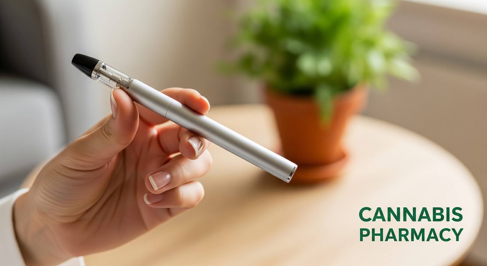 A person’s hand holds a sleek silver vape pen with a black mouthpiece, shown in focus against a blurred background featuring a potted green plant on a wooden table. The text “Cannabis Pharmacy” appears in green at the bottom right corner.