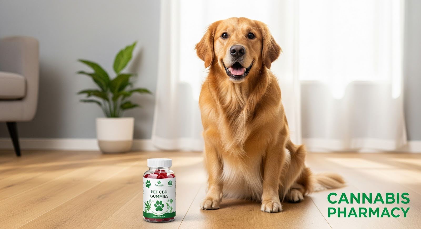 A golden retriever sits on a wooden floor next to a bottle labeled “Pet CBD Gummies.” The scene is bright with natural light, showing a potted plant and part of a couch in the background. The text “Cannabis Pharmacy” appears in the lower right corner.