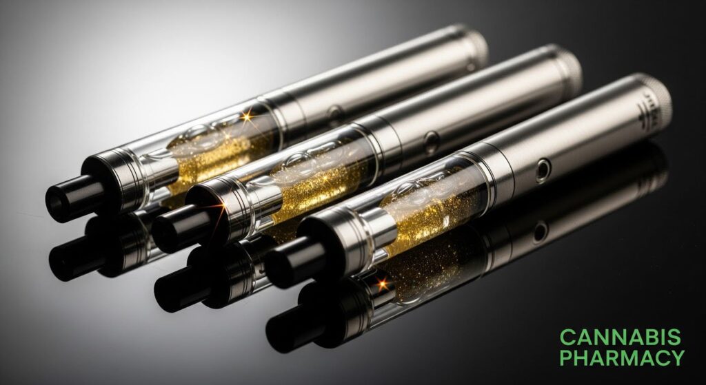 Three metallic thc vape pens lie side by side on a glossy black surface, each filled with shimmering golden liquid. Bright reflections and small star-like sparkles highlight the cartridges, and the words “Cannabis Pharmacy” appear in green text in the bottom right corner.