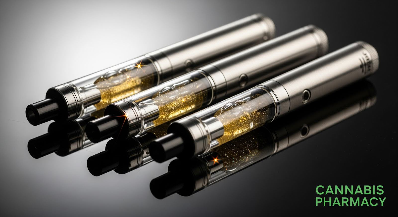 Three metallic vape pens lie side by side on a glossy black surface, each filled with shimmering golden liquid. Bright reflections and small star-like sparkles highlight the cartridges, and the words “Cannabis Pharmacy” appear in green text in the bottom right corner.