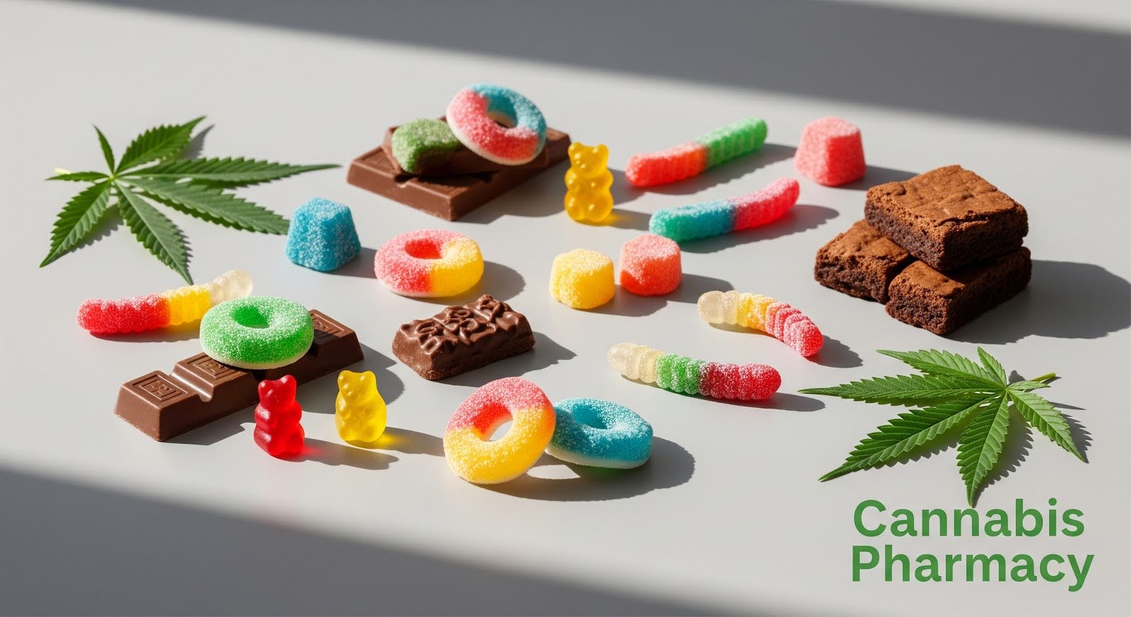 A flat lay of colorful cannabis-infused edibles, including gummy bears, sour rings, gummy worms, chocolate bars, and brownies, arranged on a white surface with cannabis leaves. The text “Cannabis Pharmacy” appears in green in the lower right corner.