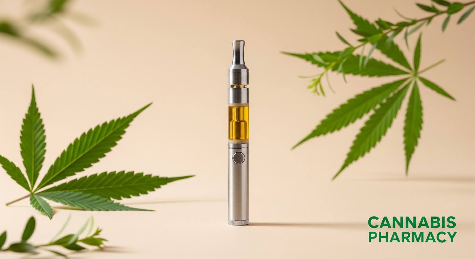 A sleek silver vape pen with a transparent chamber filled with golden oil stands upright against a beige background. Green cannabis leaves frame the composition from the sides. The text “Cannabis Pharmacy” appears in green in the bottom right corner.