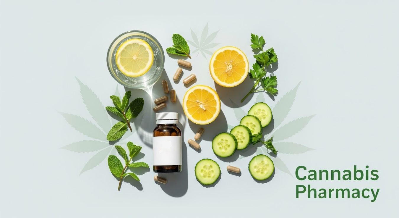 Flat lay of natural wellness ingredients including lemon halves, cucumber slices, mint leaves, parsley, a glass of lemon water, and a brown pill bottle with capsules scattered around, with faint cannabis leaf illustrations in the background and the text “Cannabis Pharmacy” on the right.