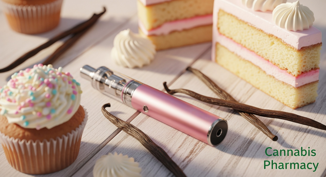 A pink vape pen rests on a wooden surface surrounded by vanilla pods, cupcakes with colorful sprinkles, and slices of vanilla cake with pink frosting. The text “Cannabis Pharmacy” appears in the bottom right corner.