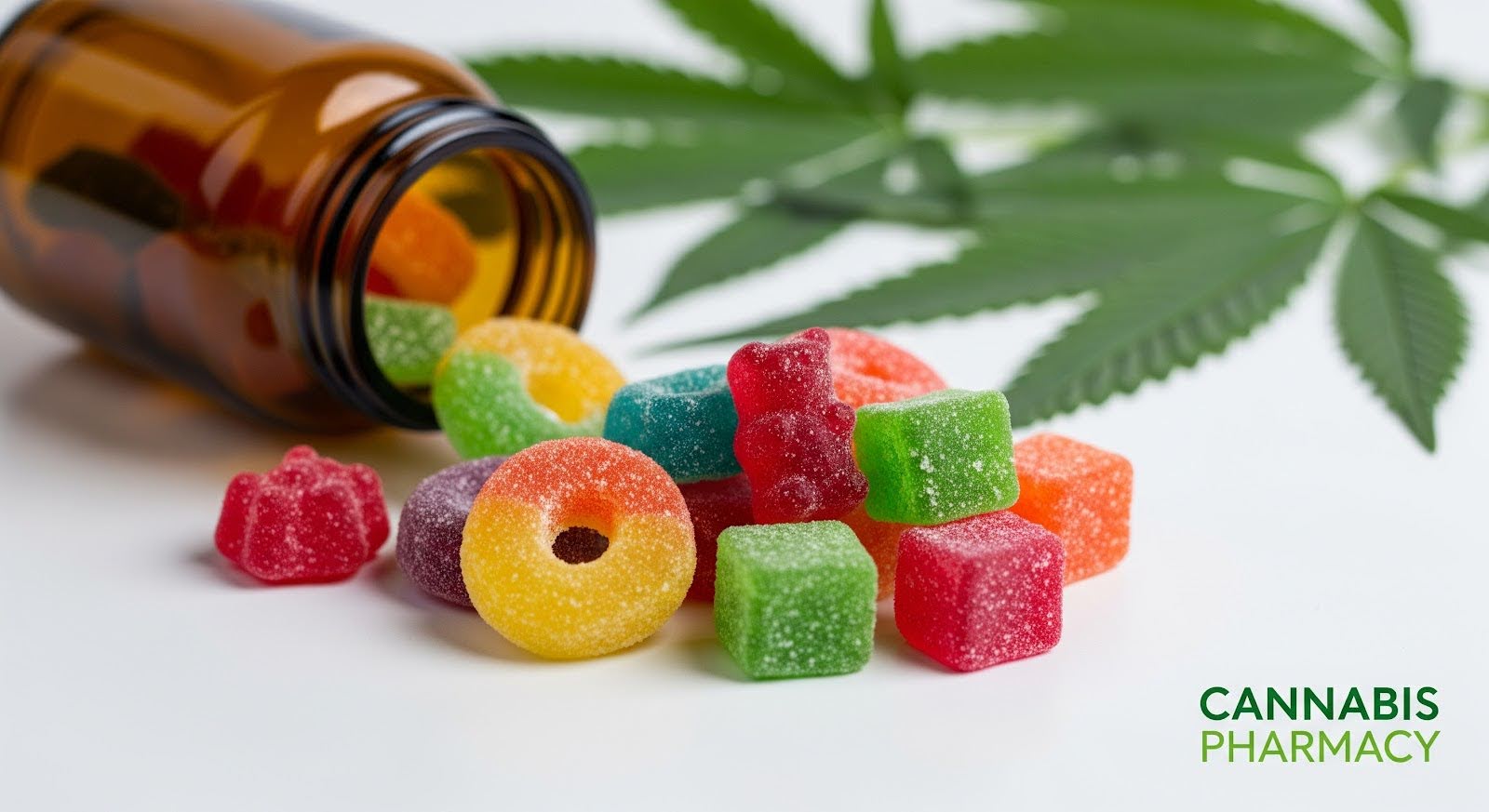 A brown glass bottle lies on its side with colorful sugar-coated gummies spilling out onto a white surface. A large green cannabis leaf is visible in the background, and the “Cannabis Pharmacy” logo appears in green text on the right side.