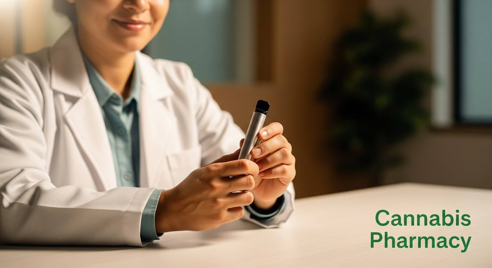A pharmacist wearing a white lab coat sits at a table holding a sleek silver vape pen. The background is softly lit with warm tones, and the text “Cannabis Pharmacy” appears in the bottom right corner.