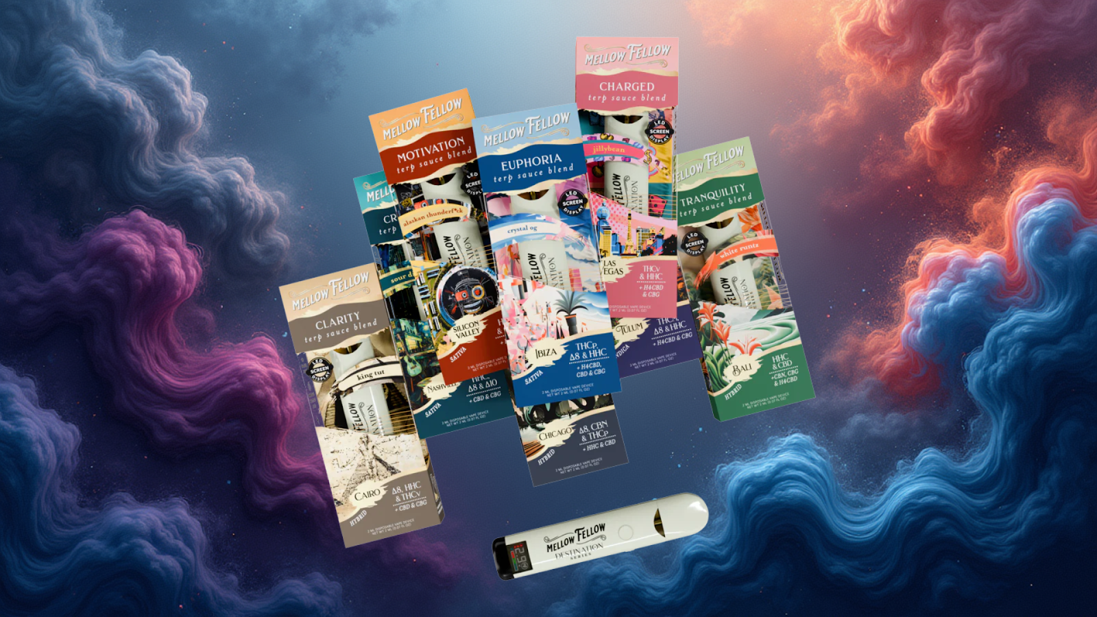 A colorful display of Mellow Fellow terp sauce blend vape products arranged against a vibrant, dreamy cloud background in pink, purple, and blue tones. The products are labeled with names such as Clarity, Motivation, Euphoria, Charged, and Tranquility, each in distinctive packaging featuring artistic city and travel-themed illustrations. A white Mellow Fellow vape pen is placed below the product lineup.