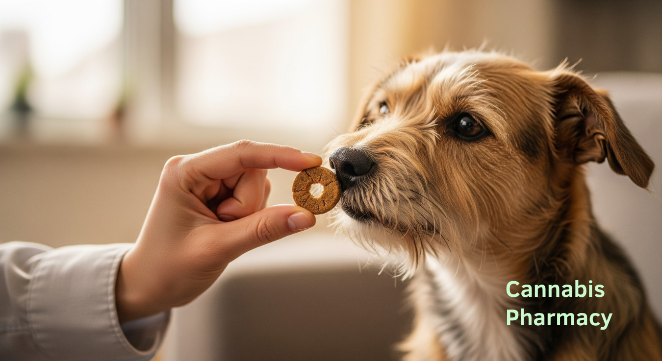 A small brown and white dog sniffs a round treat being held near its nose by a person’s hand. The background shows a softly lit indoor setting, and the text “Cannabis Pharmacy” appears in the bottom right corner.