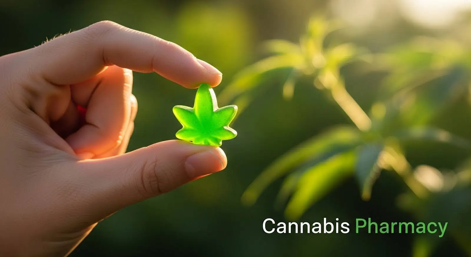 A close-up of a hand holding a small green gummy shaped like a cannabis leaf, with soft sunlight and blurred green foliage in the background. The “Cannabis Pharmacy” logo appears in white and green text on the right side.