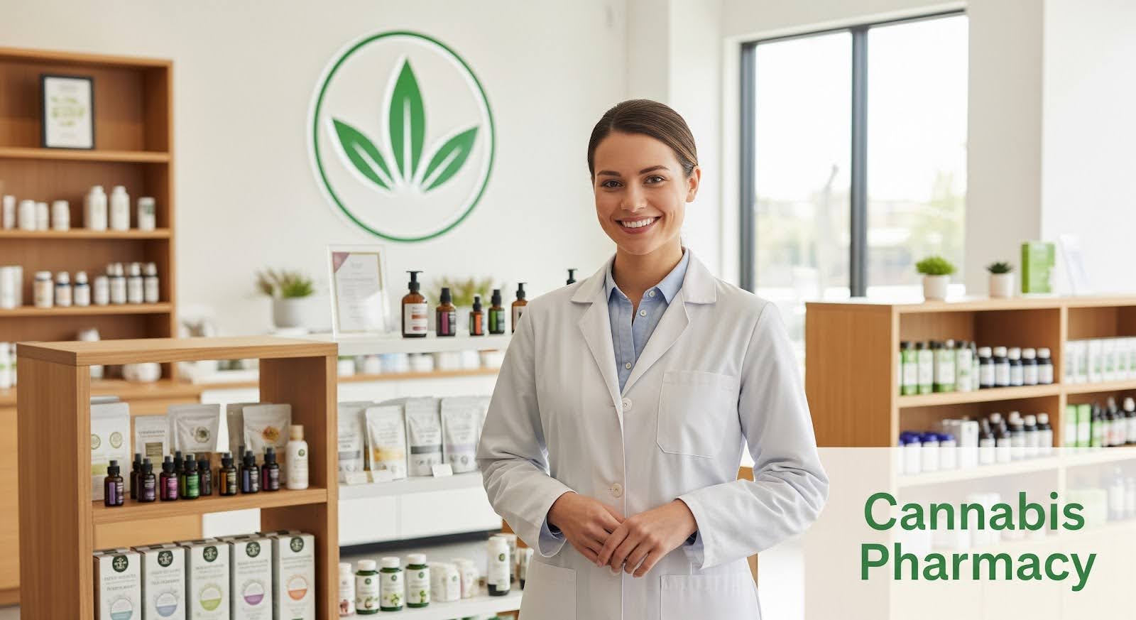 A pharmacist in a white lab coat stands smiling inside a bright, modern cannabis pharmacy. Shelves behind her display bottles, tinctures, and packages of cannabis products, with a green cannabis leaf logo on the wall and the text “Cannabis Pharmacy” in the bottom right corner.