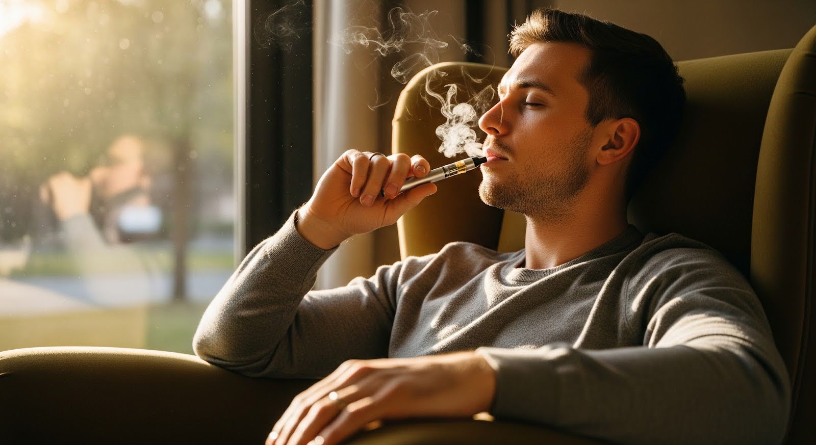 A person sits relaxed in an armchair near a window, exhaling vapor while using a cannabis vape pen. Warm sunlight filters into the room, creating a calm and peaceful atmosphere.