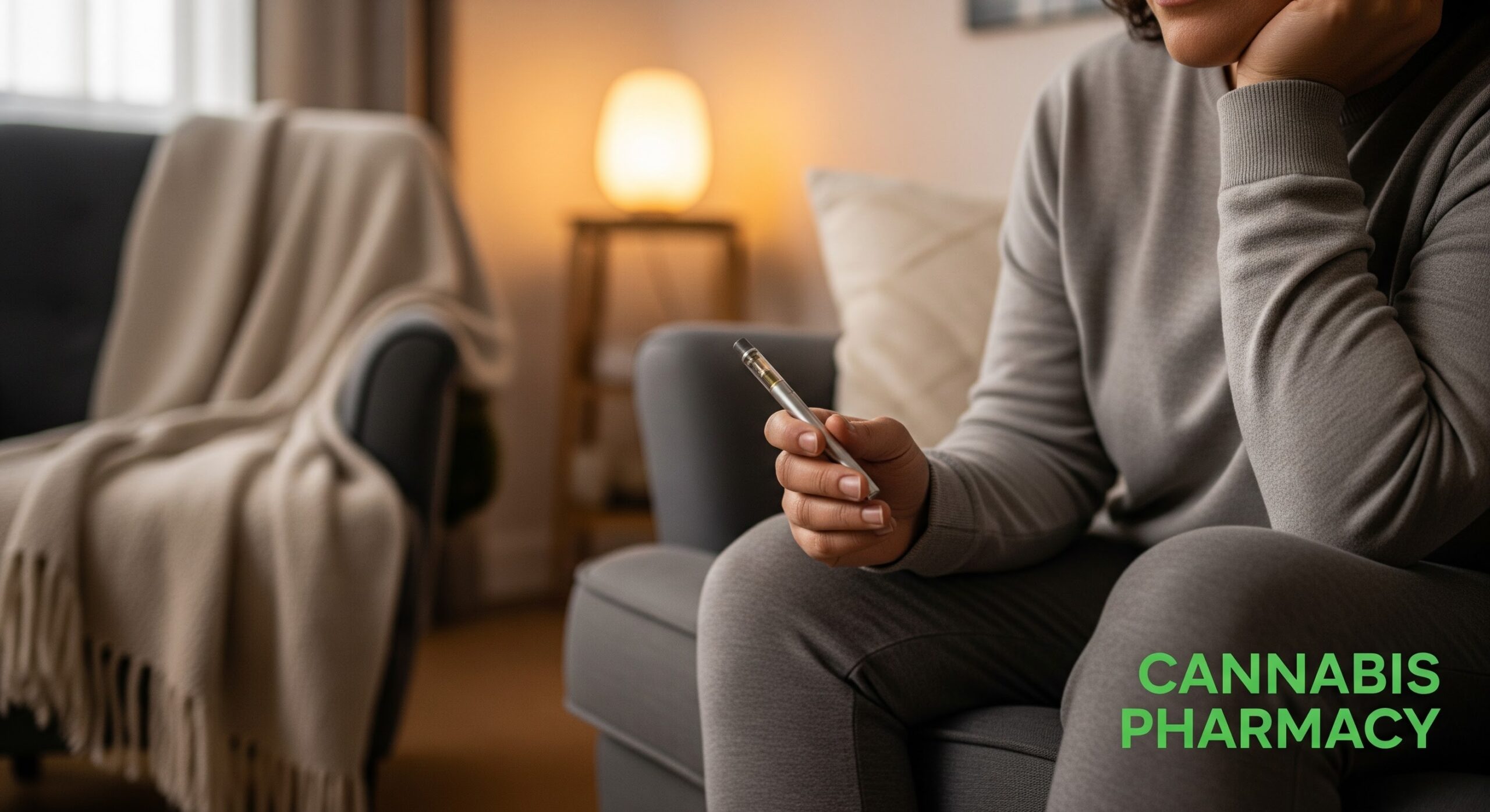 A person dressed in gray loungewear sits on a sofa in a cozy, softly lit living room, holding a vape pen in one hand. A blanket drapes over a nearby chair, and a warm lamp glows in the background. The text “CANNABIS PHARMACY” appears in green at the bottom right corner.