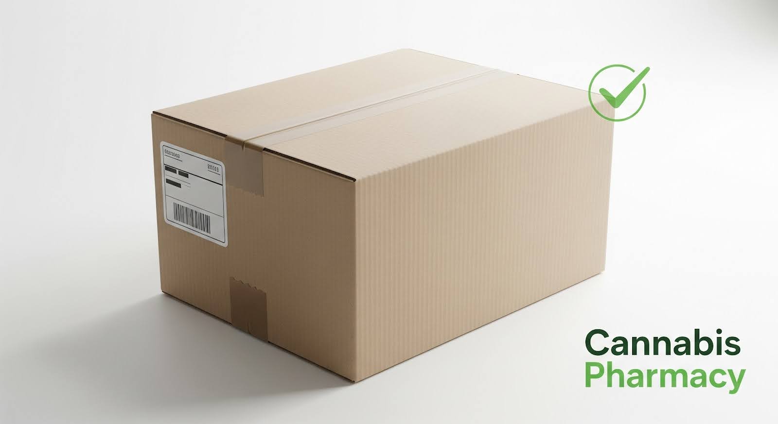 A sealed cardboard shipping box with a barcode label on a white surface, accompanied by a green checkmark and the text “Cannabis Pharmacy” in the bottom right corner, suggesting approved or completed delivery.