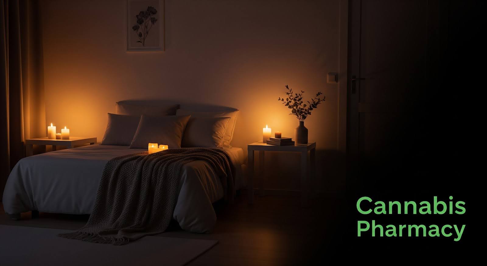 A cozy bedroom softly lit by several candles on bedside tables, creating a warm and relaxing atmosphere. The bed is neatly made with white bedding and a dark knitted blanket draped across it. A vase with branches and books sits on one table, and a framed picture hangs on the wall above the bed. The words “Cannabis Pharmacy” appear in green text on the right side.