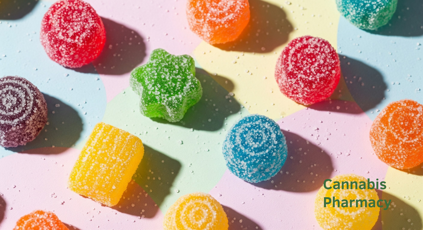 Colorful sugar-coated cannabis gummies in various shapes and bright colors—red, yellow, green, blue, orange, and purple—are arranged on a pastel multicolored background. The text “Cannabis Pharmacy” appears in the bottom right corner.