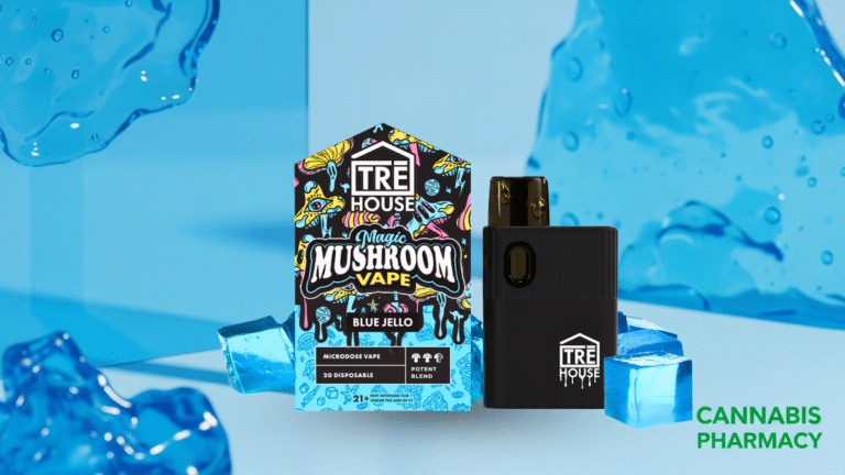 A colorful product display featuring a TRE House “Magic Mushroom Vape” box labeled “Blue Jello” alongside a black vape device, set against a blue background with translucent blue gel-like shapes. The text “Cannabis Pharmacy” appears in the lower right corner.