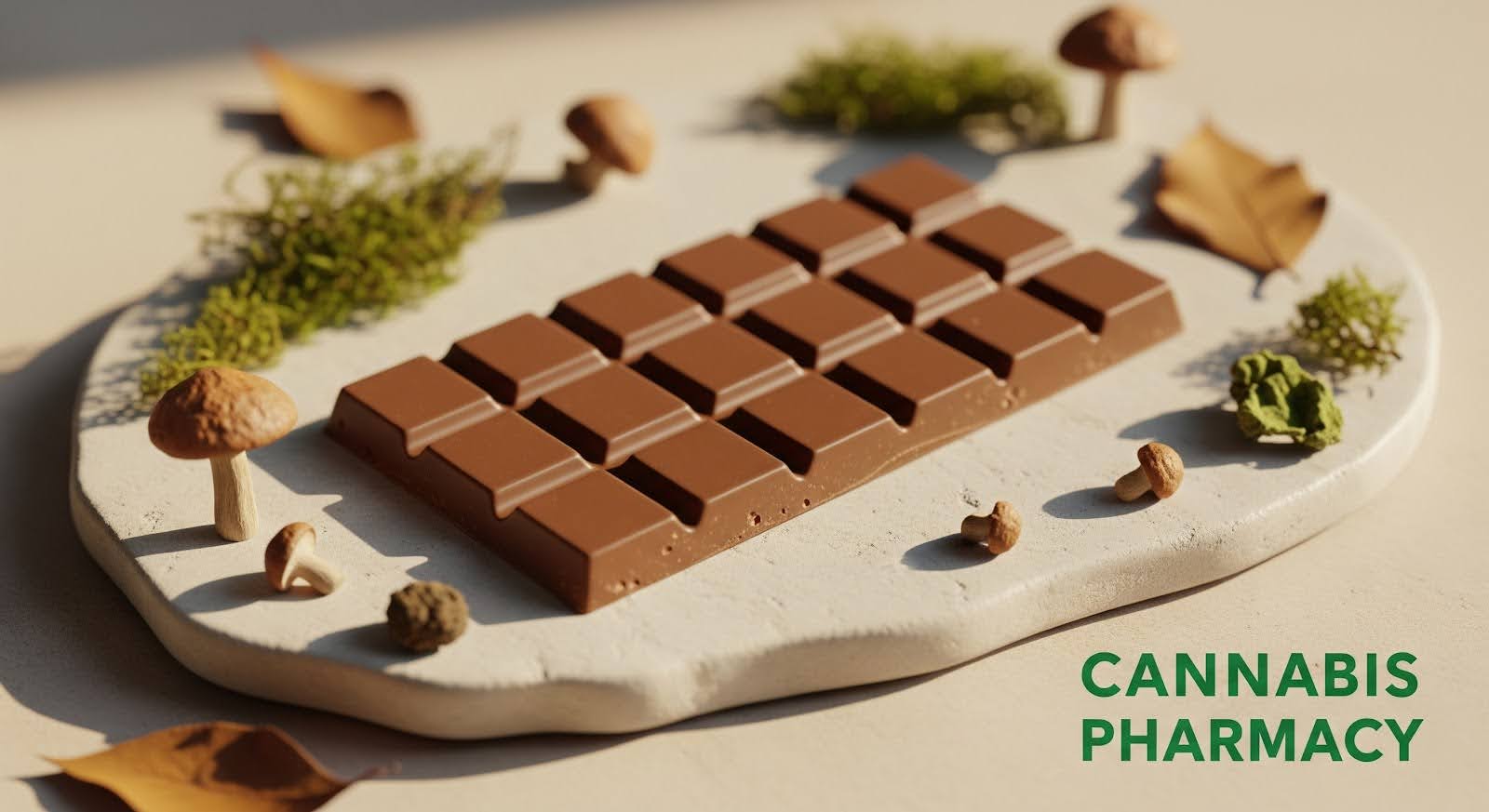 A milk chocolate bar sits on a textured white slab surrounded by small mushrooms, dried leaves, moss, and other natural elements. The “Cannabis Pharmacy” logo appears in green text on the right side.