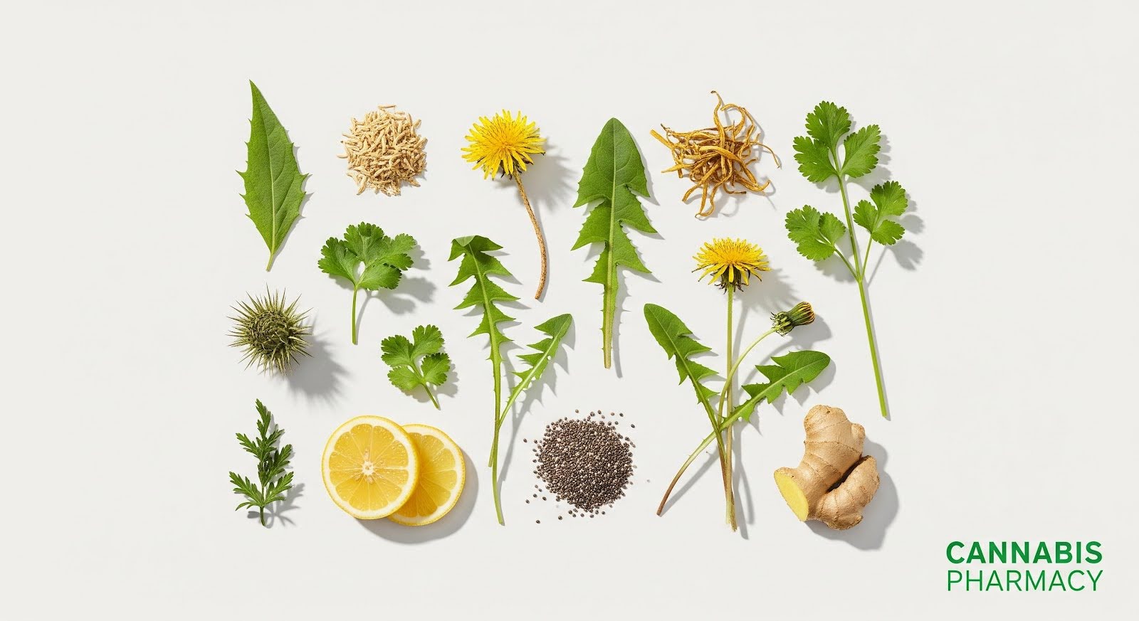 Flat lay of various natural herbs and ingredients including dandelion flowers and leaves, coriander, ginger root, lemon slices, chia seeds, and other roots and plants on a white background, with green text reading “Cannabis Pharmacy” in the bottom right corner.