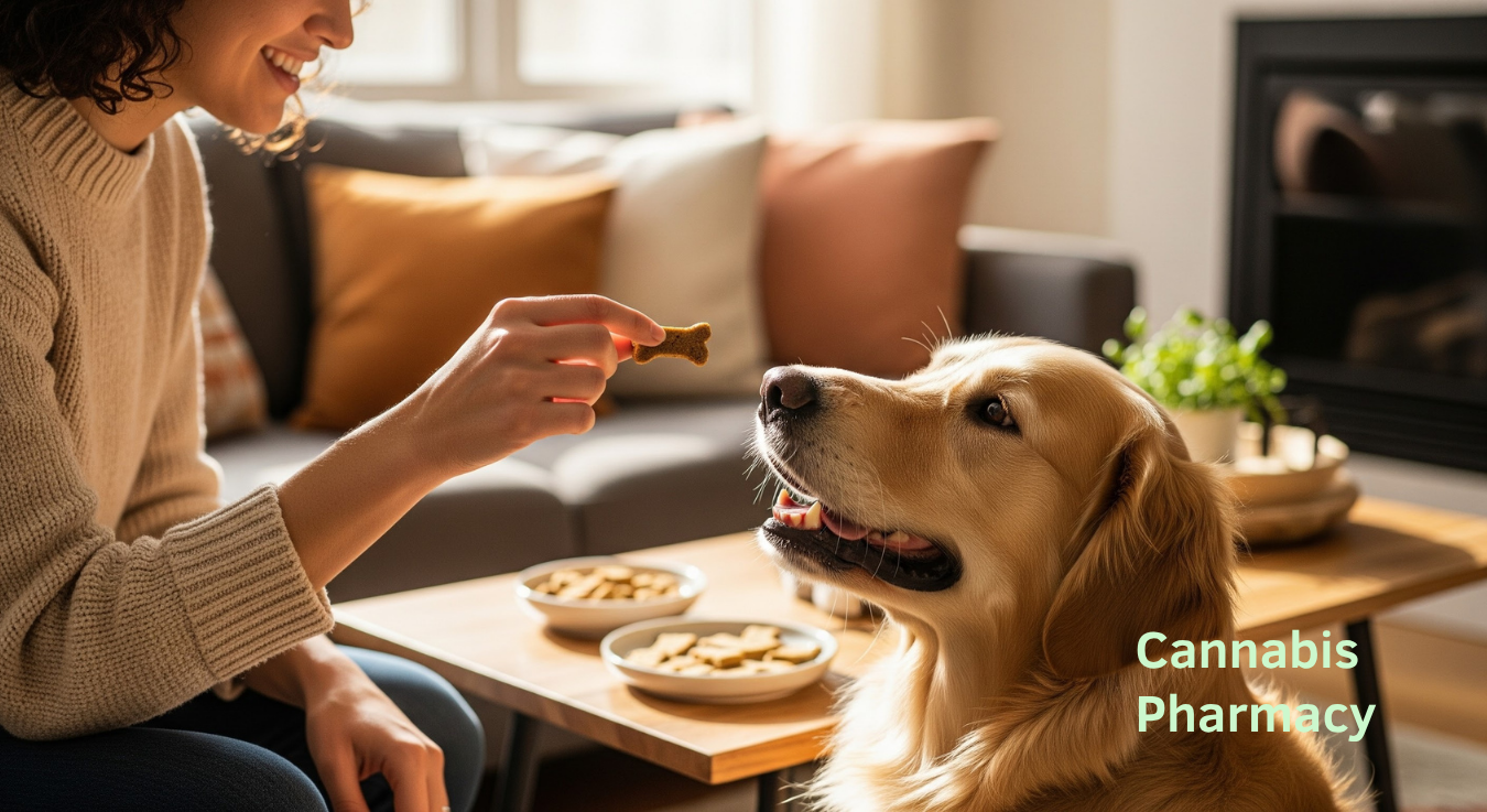 A person smiles while holding a dog treat in front of a golden retriever sitting in a cozy living room. Bowls of bone-shaped treats sit on a coffee table, with warm sunlight and soft furnishings in the background. The text “Cannabis Pharmacy” appears in the bottom right corner.