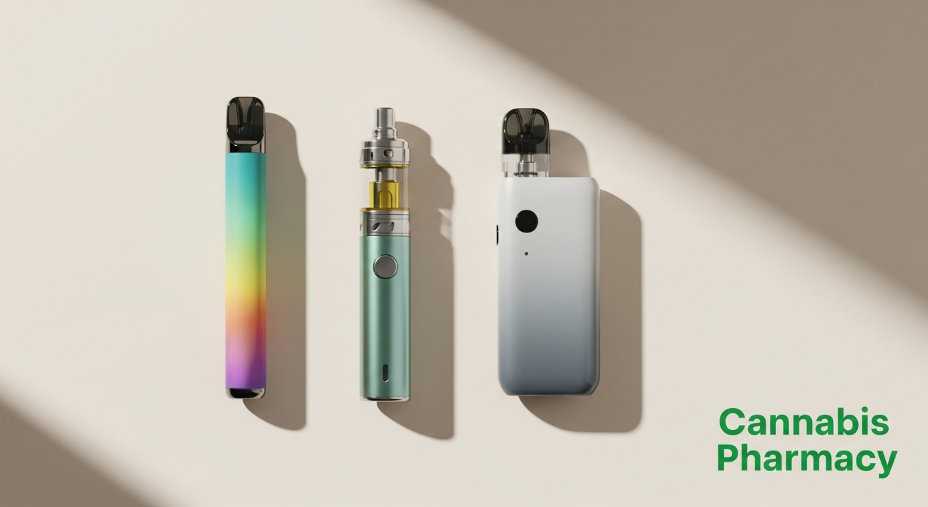 Three modern cannabis vape pens are arranged side by side on a light beige background, featuring designs in rainbow gradient, metallic teal, and silver-gray. The text “Cannabis Pharmacy” appears in the bottom right corner.