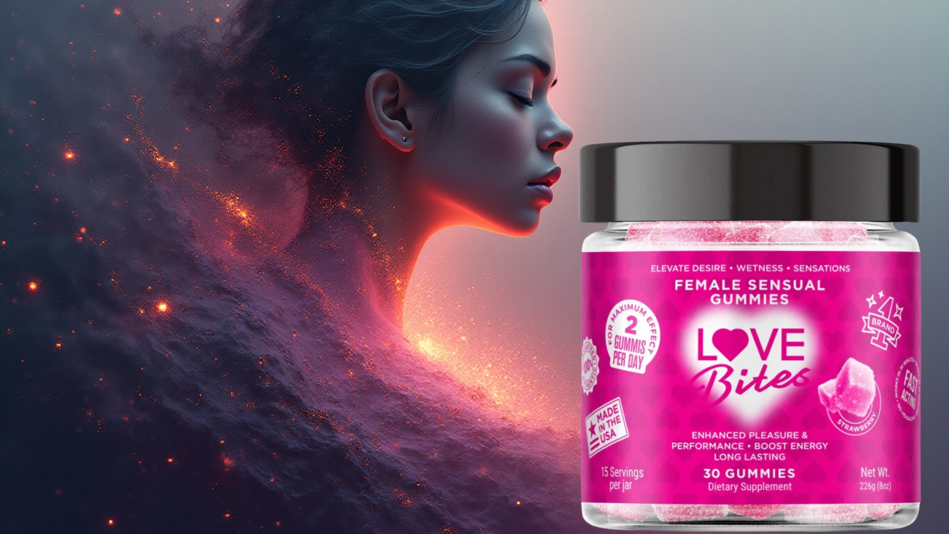 A stylized image showing a woman in profile with her eyes closed, surrounded by glowing cosmic particles and warm light, next to a jar of “Love Bites” female sensual gummies. The gummy jar is pink with a black lid and features text promoting enhanced pleasure, energy, and long-lasting effects.