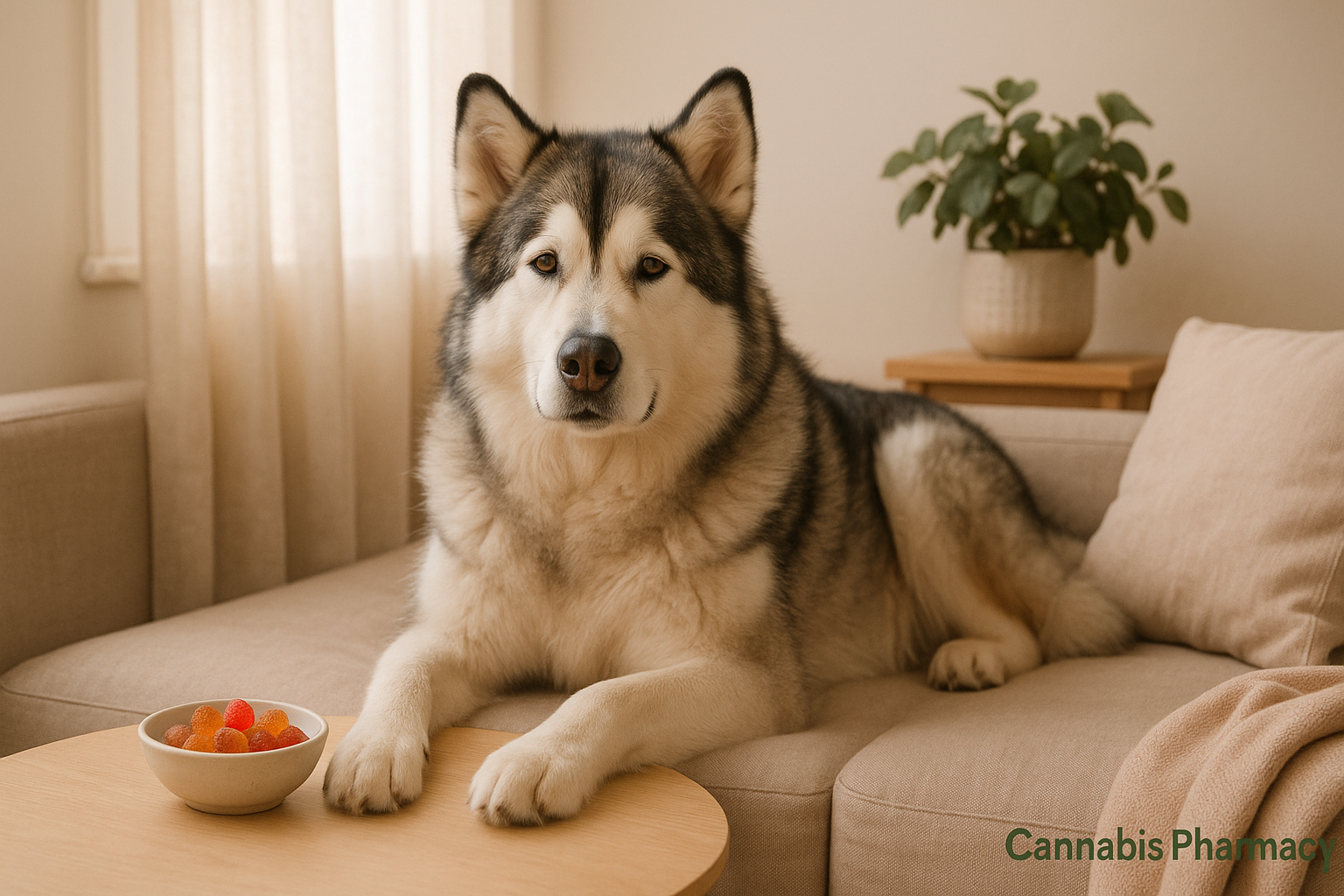 A large, fluffy Alaskan Malamute dog lounging on a beige couch in a softly lit living room. The dog rests its front paws on a light wooden coffee table with a small white bowl of colorful gummy candies. A potted plant sits on a side table in the background, and sunlight filters through cream curtains, creating a warm and cozy atmosphere.