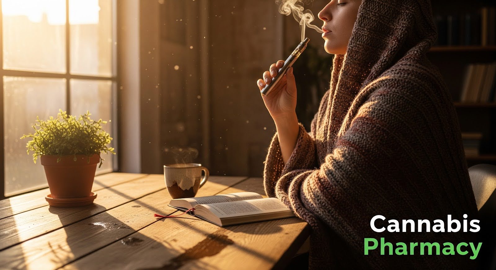 A person wrapped in a cozy knitted blanket sits by a sunlit window, exhaling vapor from a vape pen. An open book, a coffee mug, and a small potted plant rest on the wooden table beside them. Warm light fills the room, and the words “Cannabis Pharmacy” appear in the lower right corner.