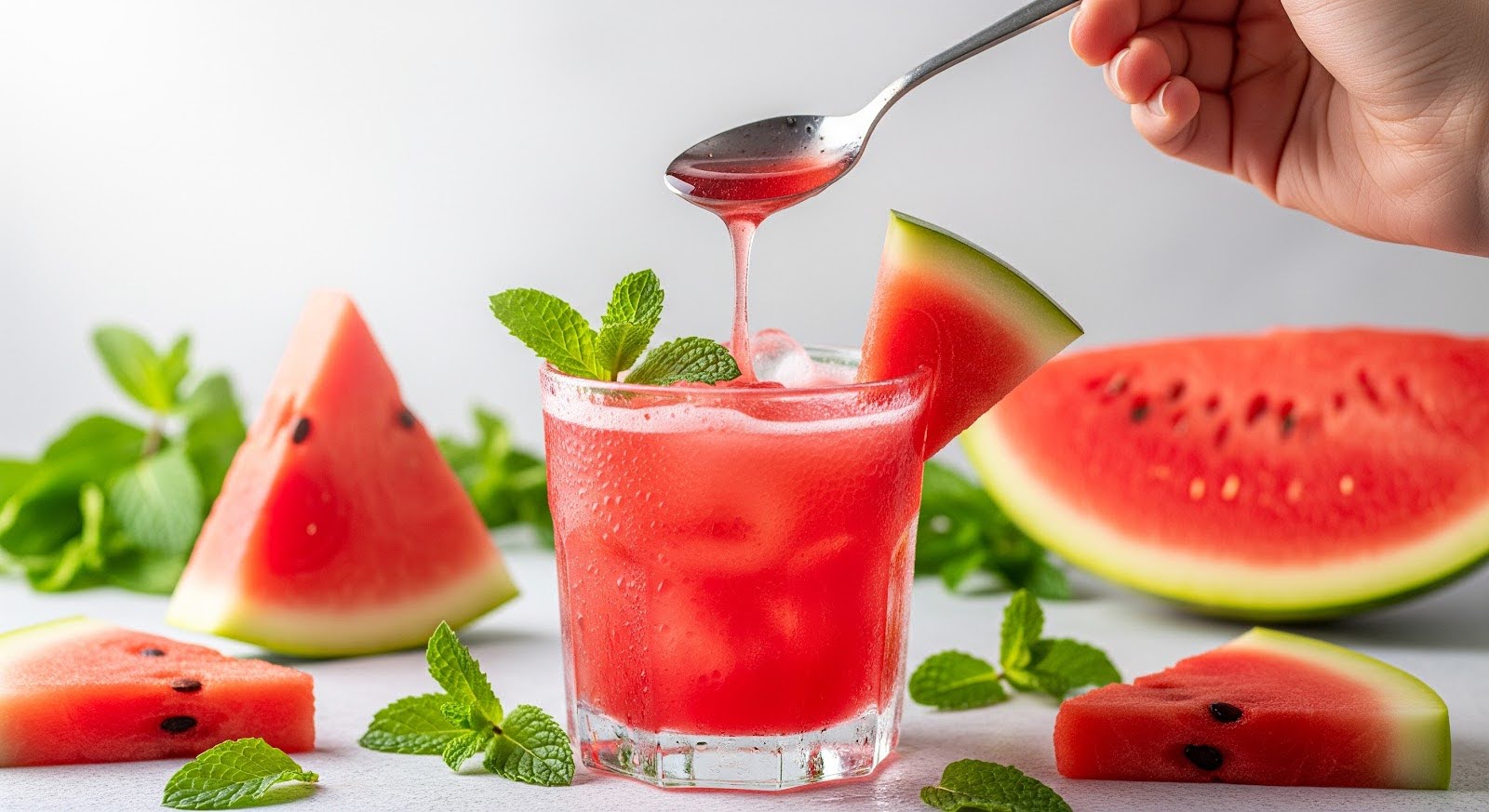 A hand holds a spoon dripping bright red watermelon juice into a glass filled with a frosty watermelon drink, garnished with fresh mint and a watermelon slice, surrounded by additional watermelon pieces and mint leaves on a light surface.