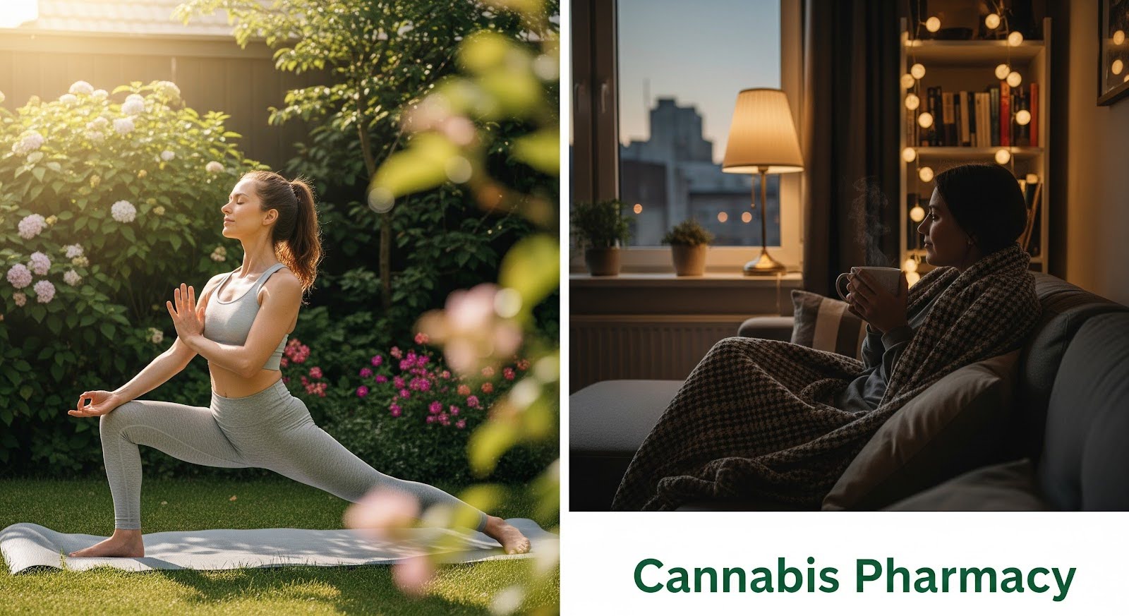 A split image shows two calming scenes: on the left, a person practices yoga outdoors on a mat surrounded by green plants and blooming flowers; on the right, another person relaxes indoors on a couch with a warm drink, wrapped in a blanket under cozy lighting. The words "Cannabis Pharmacy" appear in green text at the bottom.