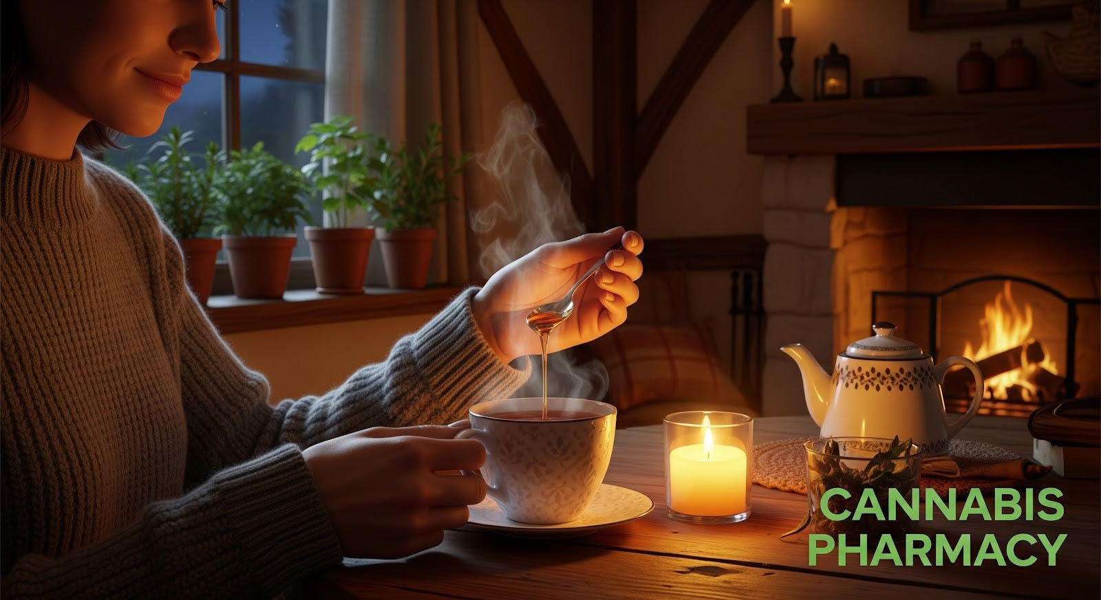 A person in a cozy, dimly lit room stirs honey into a steaming cup of tea at a wooden table. A lit candle and a teapot sit nearby, with a fireplace glowing warmly in the background. Potted plants line the window, and the words “CANNABIS PHARMACY” appear in green text in the lower right corner.