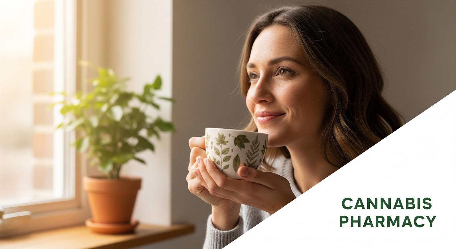 A woman sits by a bright window holding a mug with green leaf patterns, smiling softly as she looks outside. A potted plant sits on the windowsill, and the words “Cannabis Pharmacy” appear in green text on the lower right.