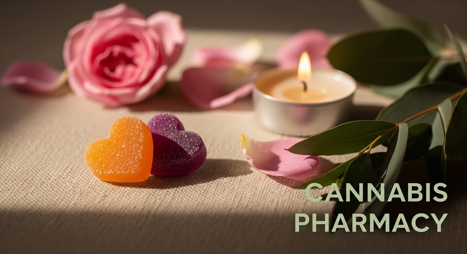 Two heart-shaped gummies, one orange and one purple, rest on a fabric surface surrounded by rose petals, a lit tealight candle, a pink rose, and green leaves. The text “Cannabis Pharmacy” appears in the lower right corner.