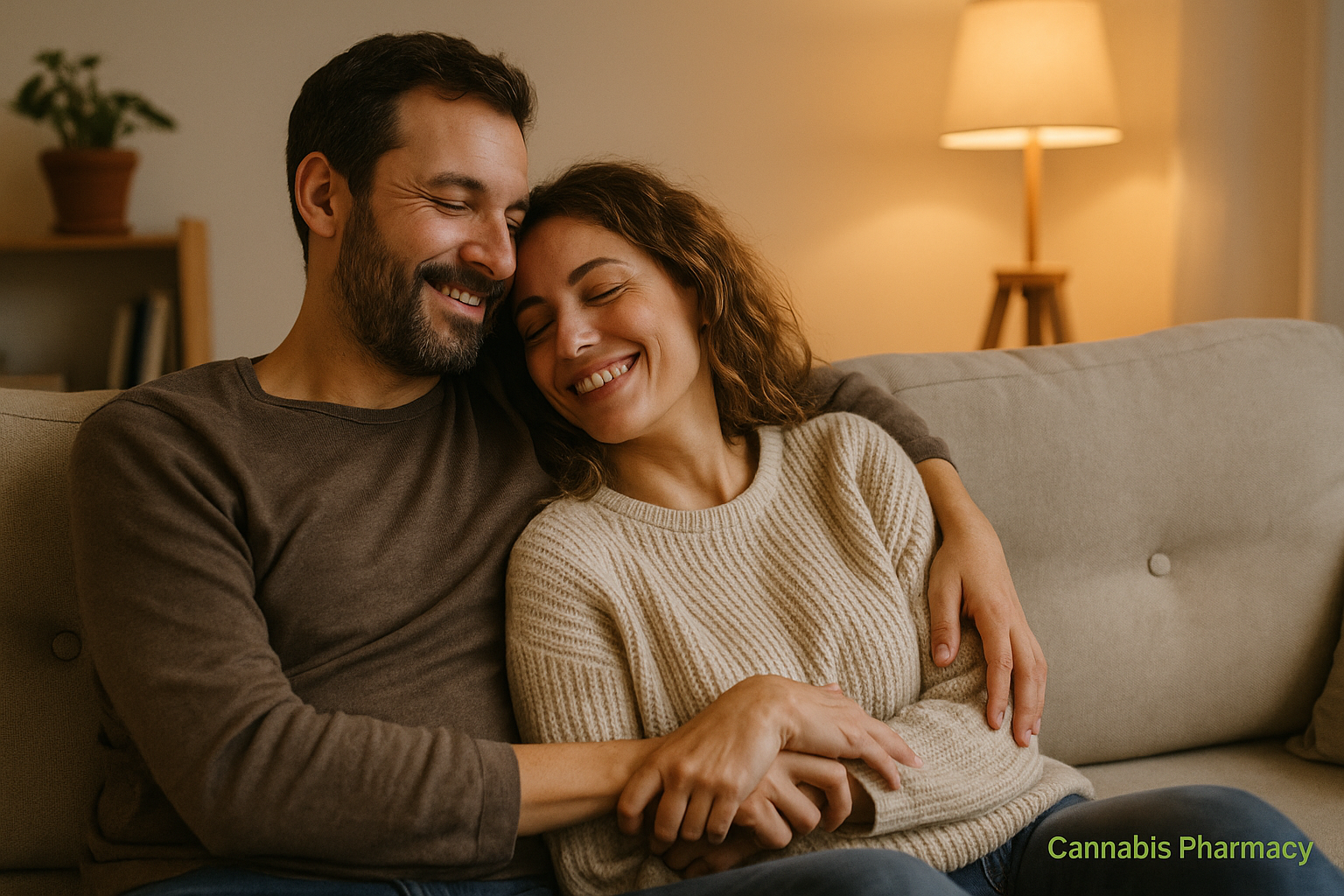 A smiling couple sits close together on a cozy beige couch, embracing warmly. The man, wearing a brown sweater, has his arm around the woman, who is dressed in a light beige knit sweater. Both have their eyes closed, looking relaxed and content in a softly lit living room with a lamp and bookshelf in the background. The words “Cannabis Pharmacy” appear in the bottom right corner.