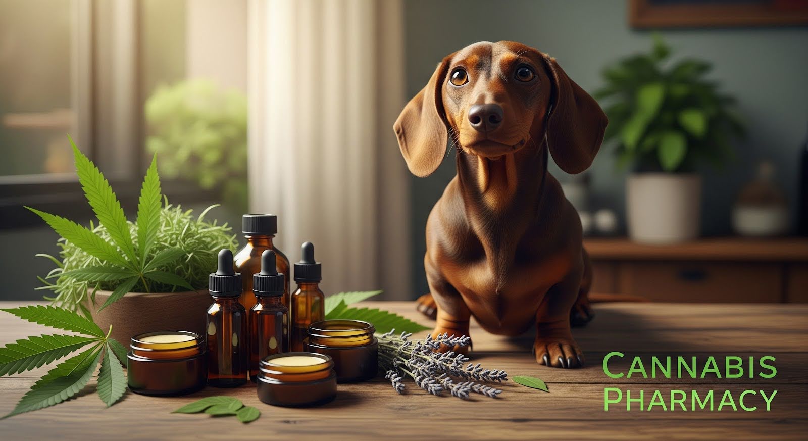 A brown dachshund sits on a wooden table beside several amber glass dropper bottles, small jars of salve, cannabis leaves, and sprigs of lavender. Soft natural light comes through a window in the background, and potted plants decorate the room. The words “Cannabis Pharmacy” appear in green text on the right side of the image.