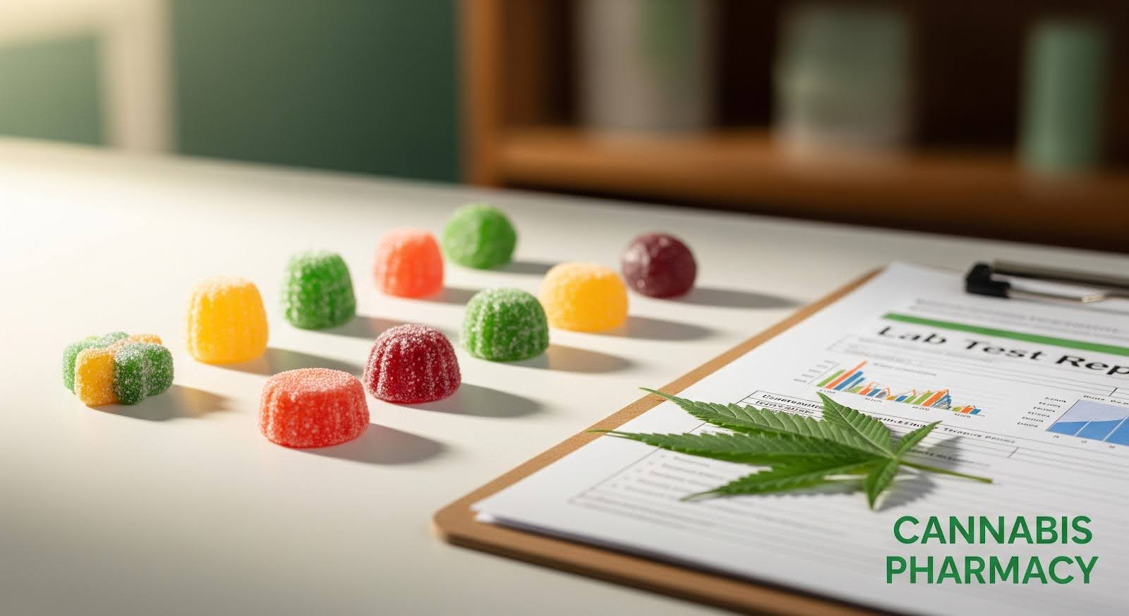 Colorful gummy candies arranged on a white table beside a clipboard with a lab test report and a cannabis leaf on top. The text "Cannabis Pharmacy" appears in the bottom right corner, suggesting the gummies are cannabis-infused edibles.