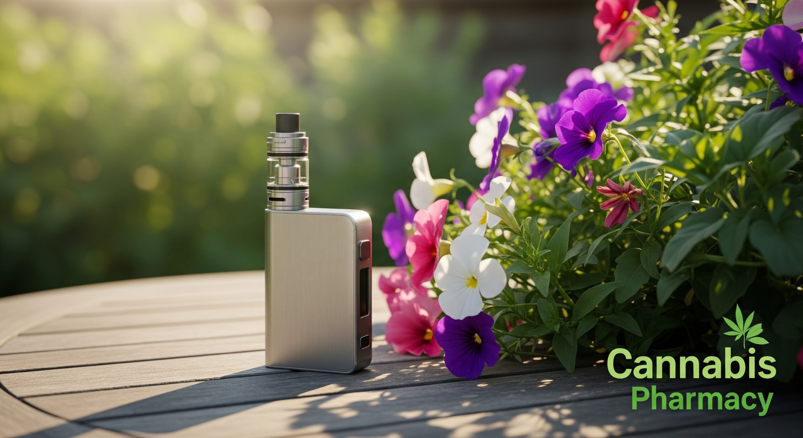 A sleek silver vape device sits on a wooden outdoor table beside a bunch of colorful flowers in sunlight, with the words “Cannabis Pharmacy” and a green cannabis leaf logo in the bottom right corner.