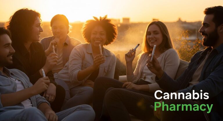 A diverse group of six adults sit together outdoors at sunset, smiling and holding vape pens while chatting. Warm golden light filters through the scene, and the words “Cannabis Pharmacy” appear in the lower right corner.
