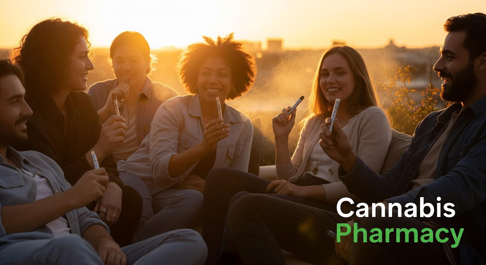 A diverse group of six adults sit together outdoors at sunset, smiling and holding vape pens while chatting. Warm golden light filters through the scene, and the words “Cannabis Pharmacy” appear in the lower right corner.