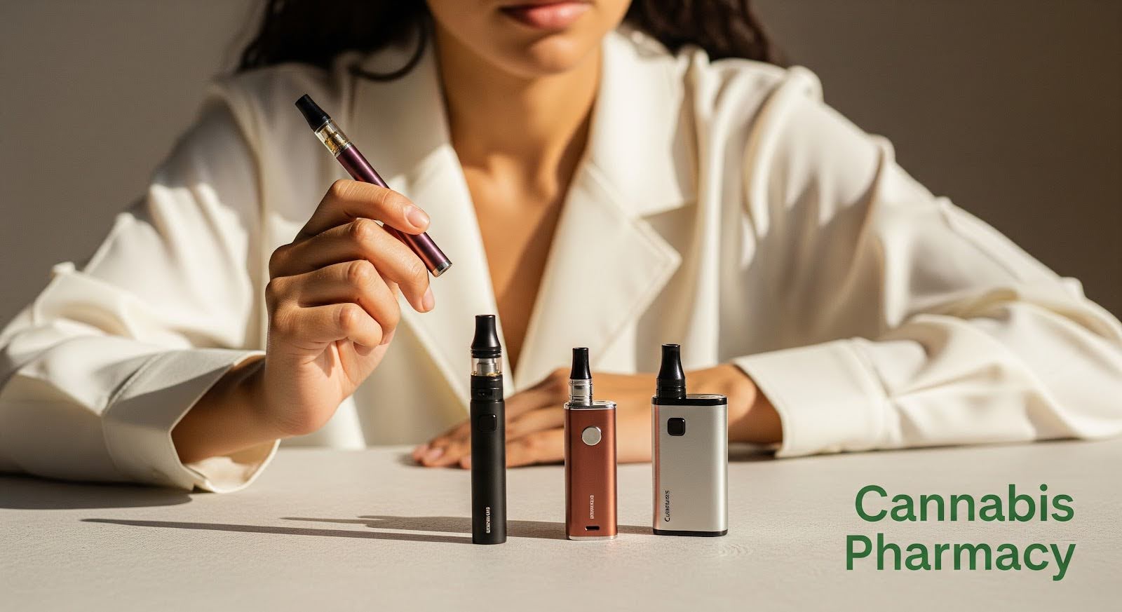 A person in a white shirt holds a slim vape pen while three other vape devices in black, copper, and silver stand on the table in front of them. The words "Cannabis Pharmacy" appear in green text on the lower right.